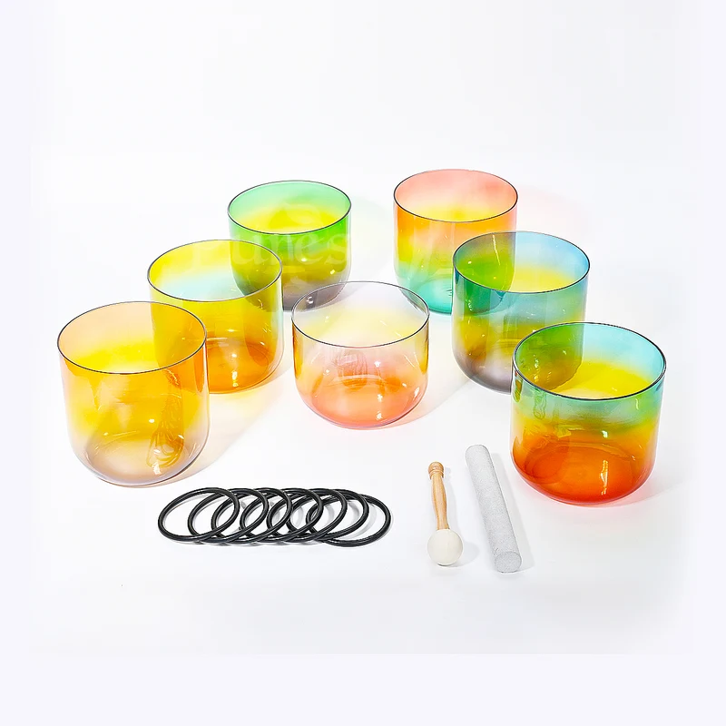 Alchemy Clear Crystal Singing Bowl Set Sunshine Rainbow 7 Seven Chakra Meditation Sound Bath Bowl Set