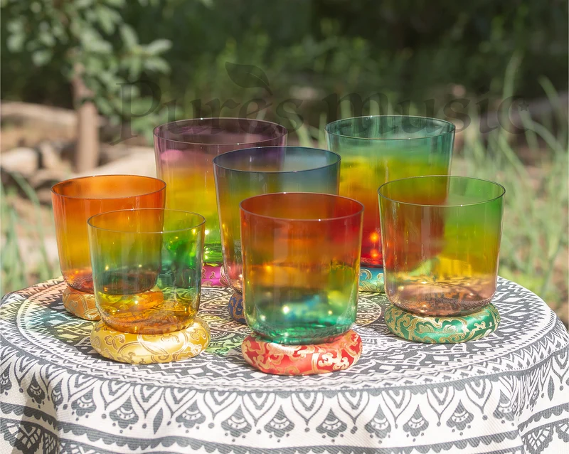 Alchemy Clear Crystal Singing Bowl Set Sunshine Rainbow 7 Seven Chakra Meditation Sound Bath Bowl Set