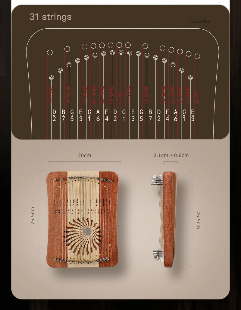 Hluru Harpika Monochord 17/31 String Finger Lyre Instrument Kalyre Rose Wood/Maple