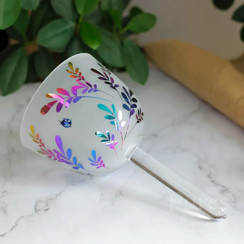 Crystal Handle Singing Bowl Frosted Nature Leaves Design For Sound Therapy Yoga Meditation