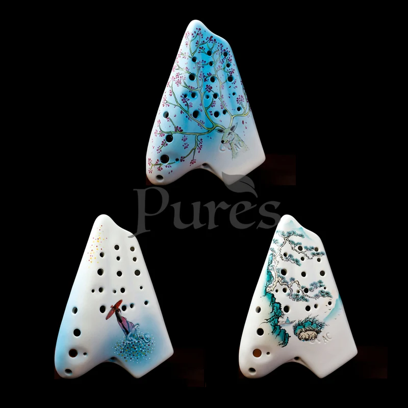 Hand Painted Triple Ocarina Alto C 21 Hole Collectible Playing Ocarina Instrument