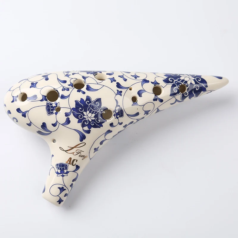 12 Hole Ocarina Alto C Floral Blue & White Porcelain Flute