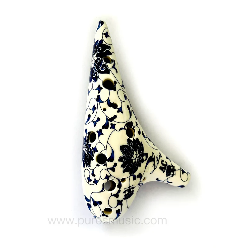 12 Hole Ocarina Alto C Floral Blue & White Porcelain Flute