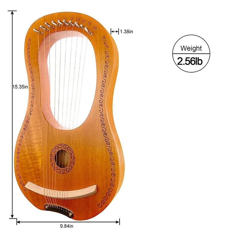 10 String Lyre Harp Mahogany with Carry Bag Tuning Tool