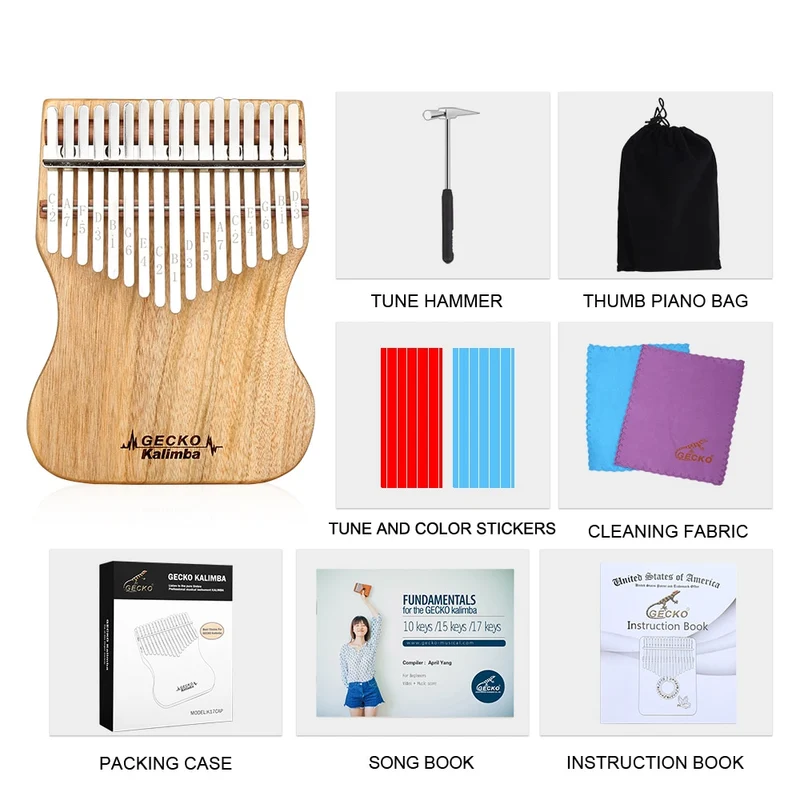 GECKO Kalimba 17 Key B Tone Thumb Piano Full Veneer Camphor Wood Small Waist