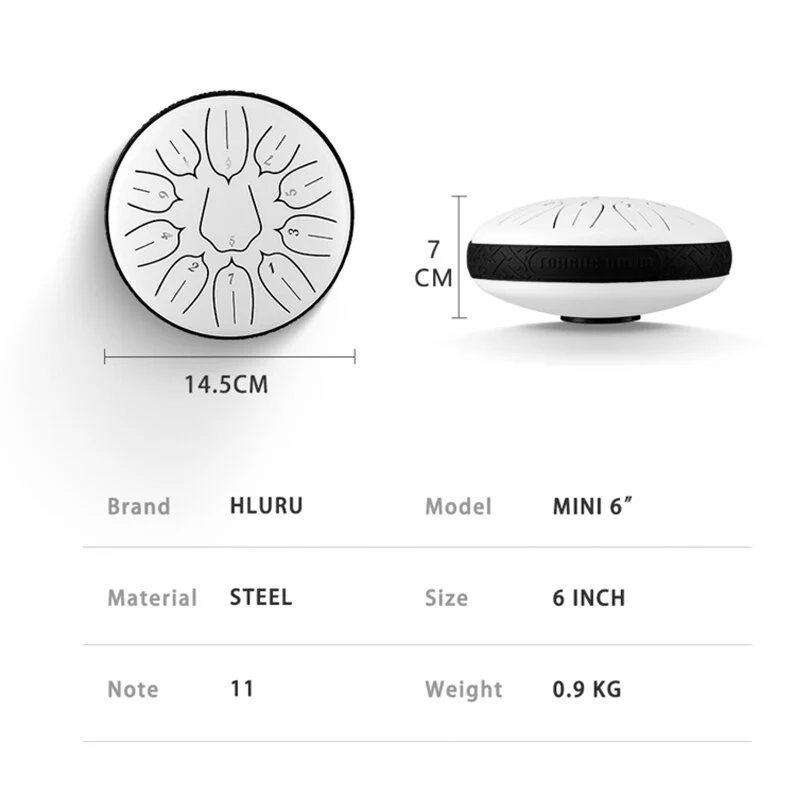 Hluru 6 Inch 11 Note Ultra Wide Range Steel Tongue Drum Tank Drum