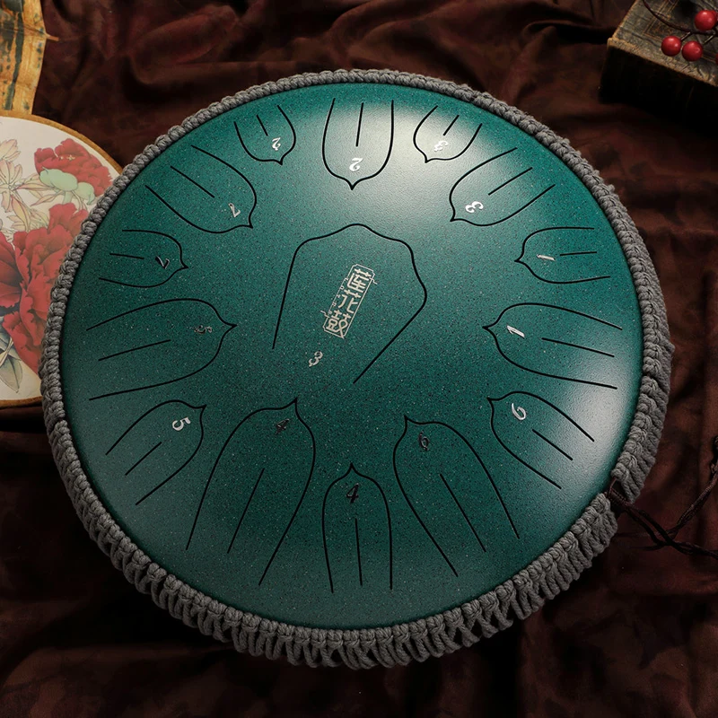 Hluru 14 Inch 15 Notes Steel Tongue Drum Lotus Rain Drum for Stress Relief