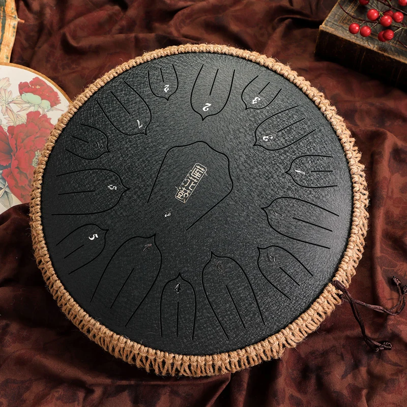 Hluru 14 Inch 15 Notes Steel Tongue Drum Lotus Rain Drum for Stress Relief