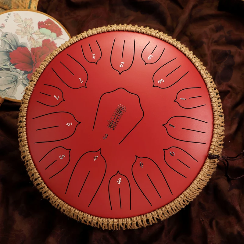 Hluru 14 Inch 15 Notes Steel Tongue Drum Lotus Rain Drum for Stress Relief