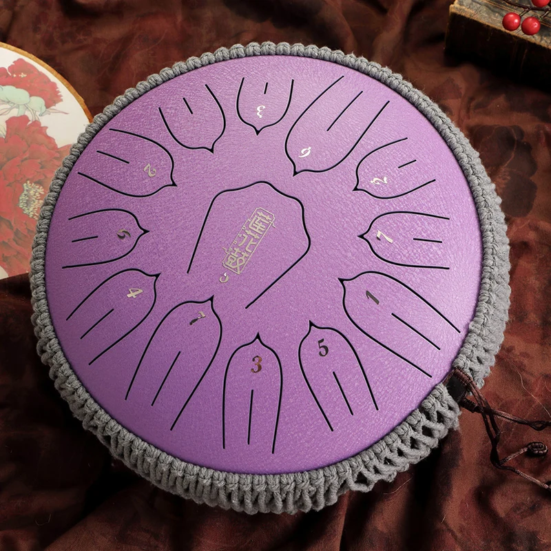 Hluru 14 Inch 15 Notes Steel Tongue Drum Lotus Rain Drum for Stress Relief