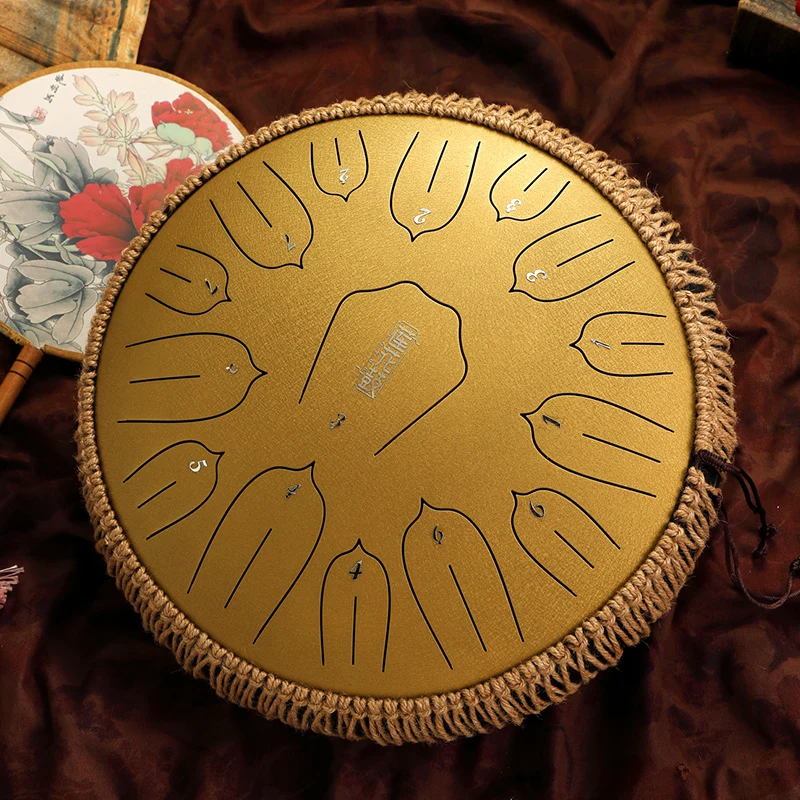 Hluru 14 Inch 15 Notes Steel Tongue Drum Lotus Rain Drum for Stress Relief