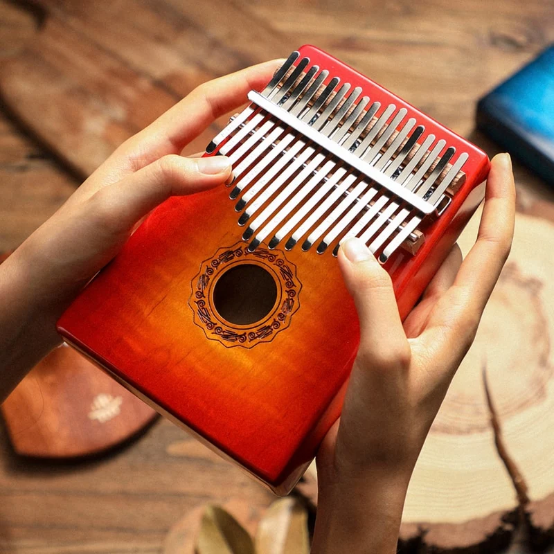 Hluru Hollow Kalimba 17 Key Gradient Red Blue "Tiger Texture" Maple Wood Thumb Piano