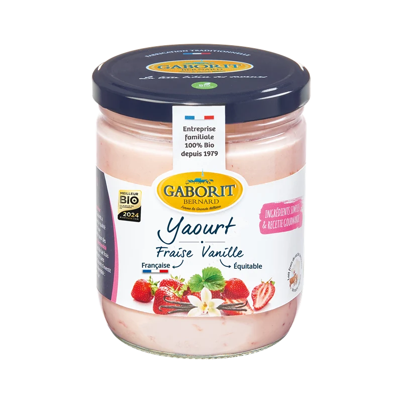 Yaourt brassé fraise vanille, pot en verre 400, Gaborit