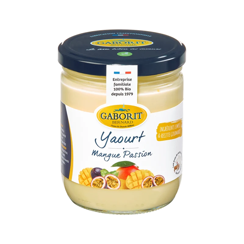 Yaourt brassé mangue passion, pot en verre 400g, Gaborit