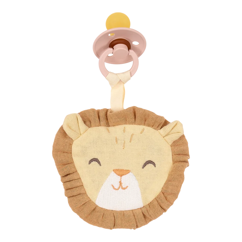 Doudou attache-tétine lion Safari Friends – gaze de coton bio