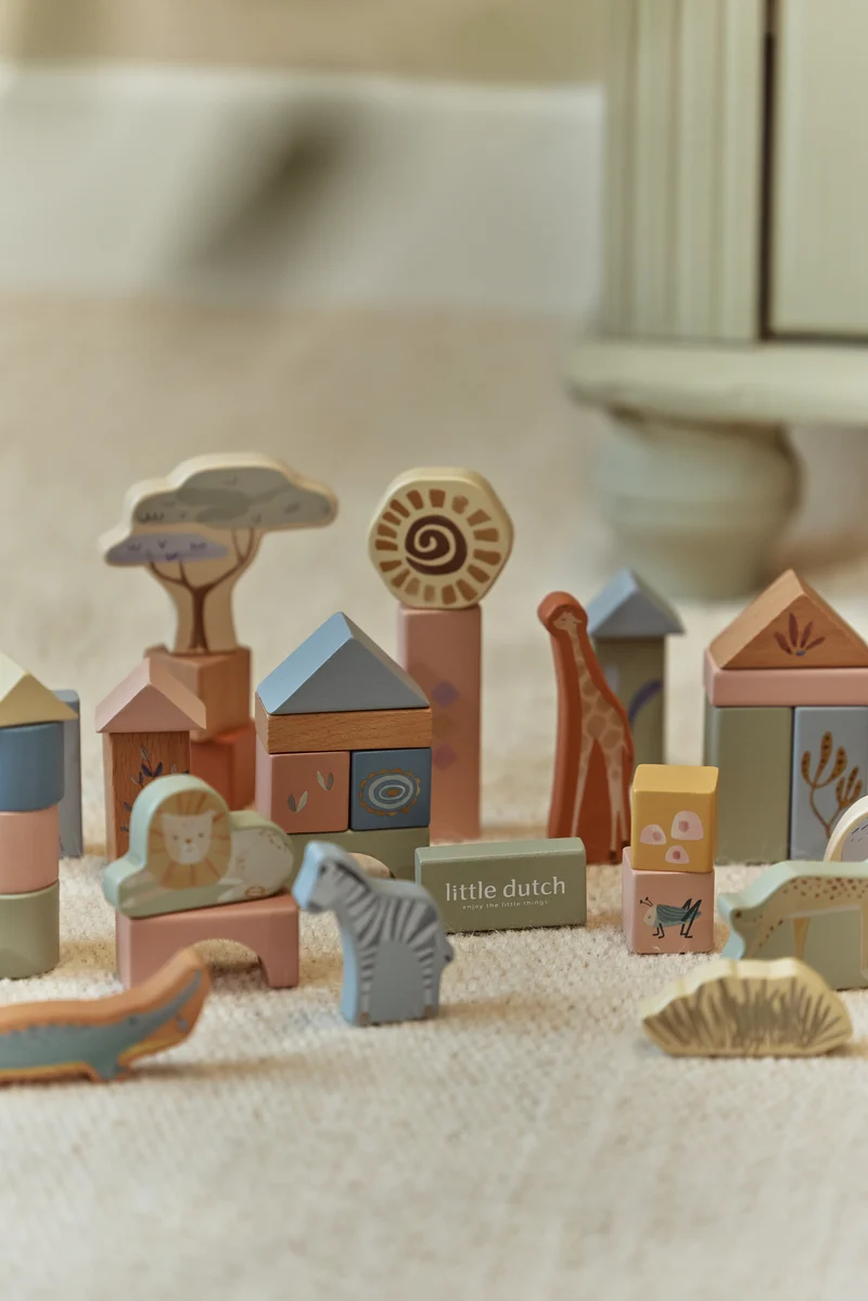 Blocs de construction en bois Safari Friends – 50 cubes en bois enfant