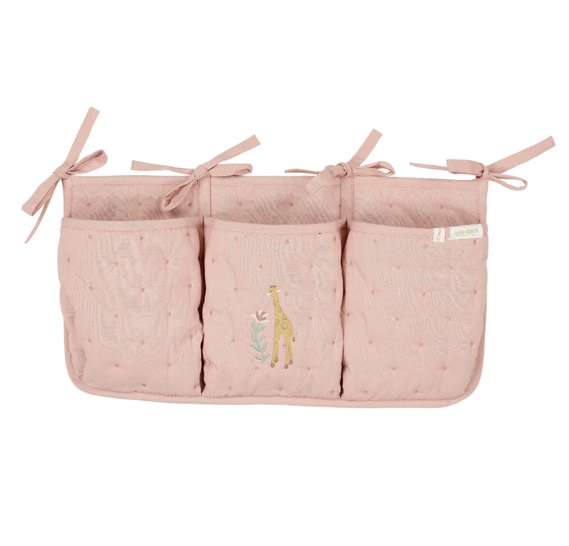 Organisateur de lit bébé rose girafe – rangement pratique en coton bio