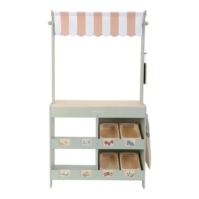Marchande en bois FSC – Étal de marché & café