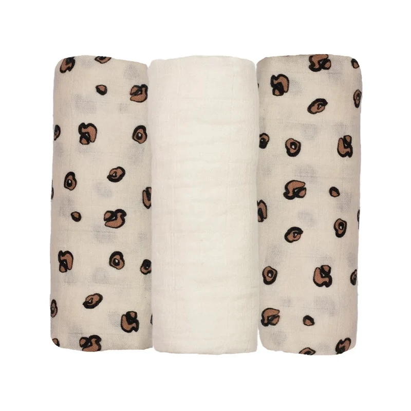 Lot de 3 langes bébé en mousseline – Léopard & beige – 70 × 70 cm