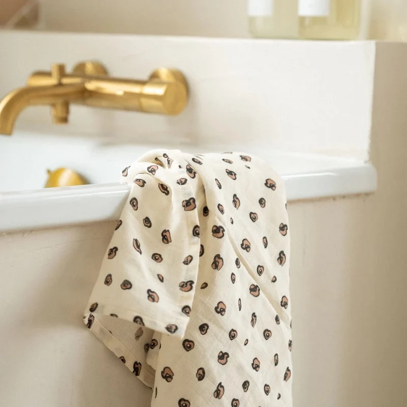Lot de 3 langes bébé en mousseline – Léopard & beige – 70 × 70 cm