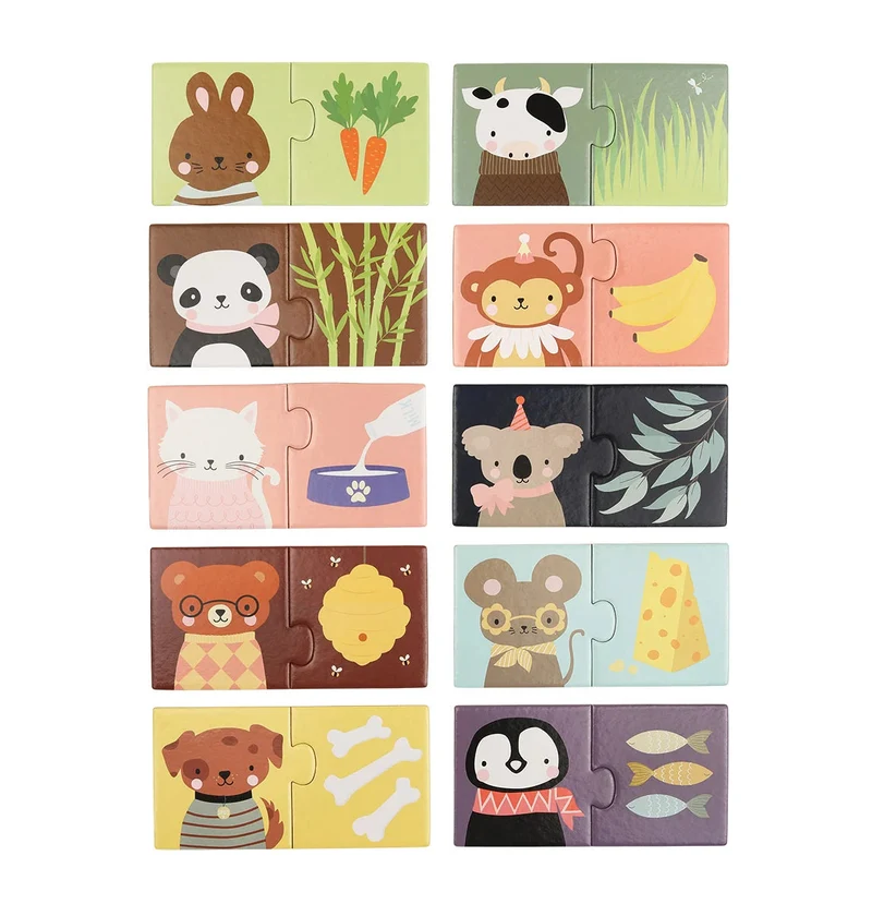 Qui mange quoi ? – Jeu d’association animaux & aliments – 10 puzzles