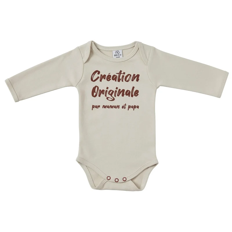 Body manches longues bébé « Création Originale » – Sable – 3 mois
