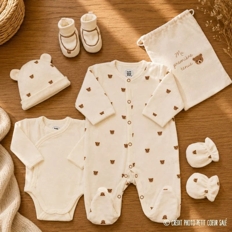 Kit naissance 6 pièces « Ours Moka » – Première tenue bébé – 1 mois