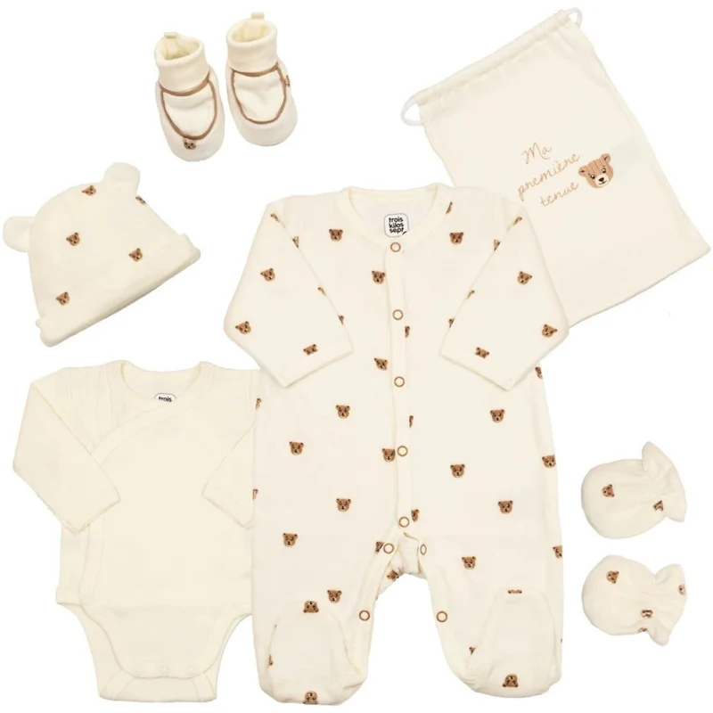 Kit naissance 6 pièces « Ours Moka » – Première tenue bébé – 1 mois