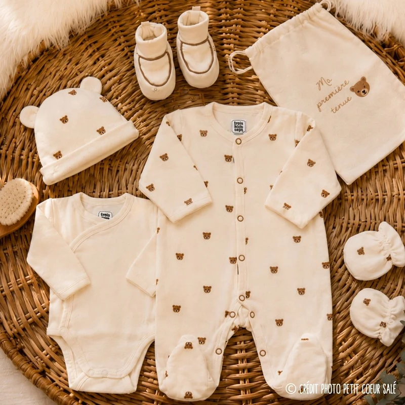 Kit naissance 6 pièces « Ours Moka » – Première tenue bébé – 1 mois