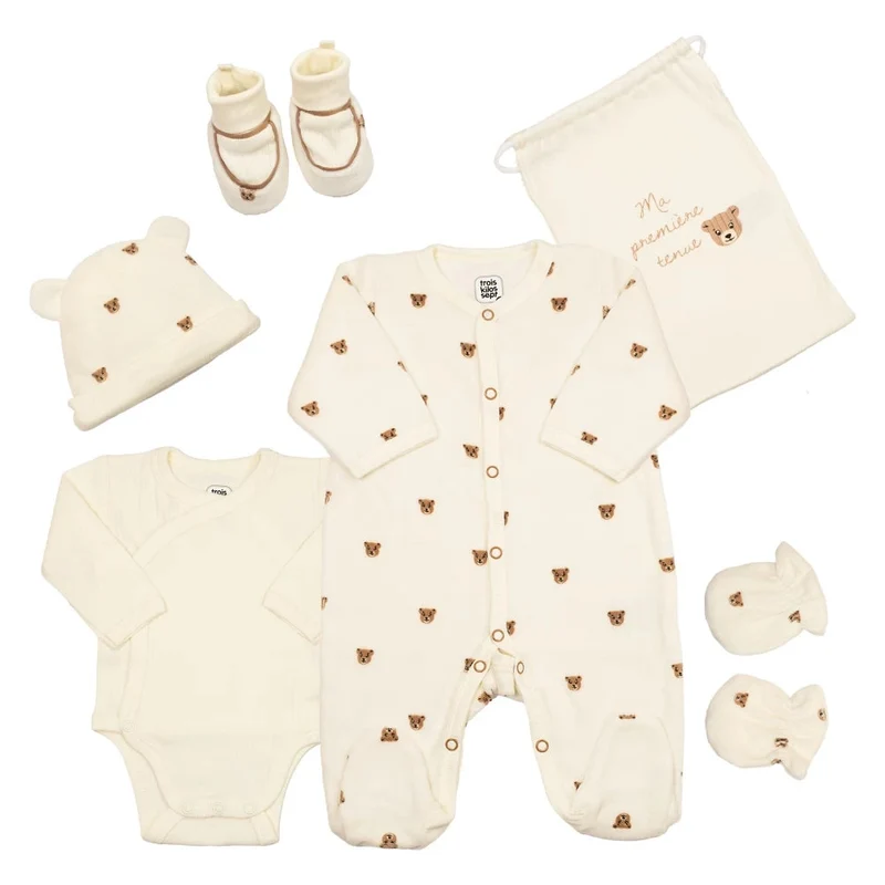 Kit naissance 6 pièces « Ours Moka » – Première tenue bébé – 1 mois