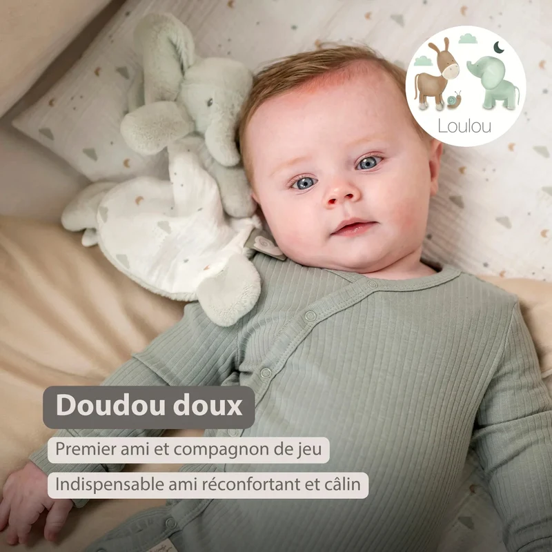 Mini doudou Éléphant LouLou – 25 cm – Vert tilleul & écru – Nattou