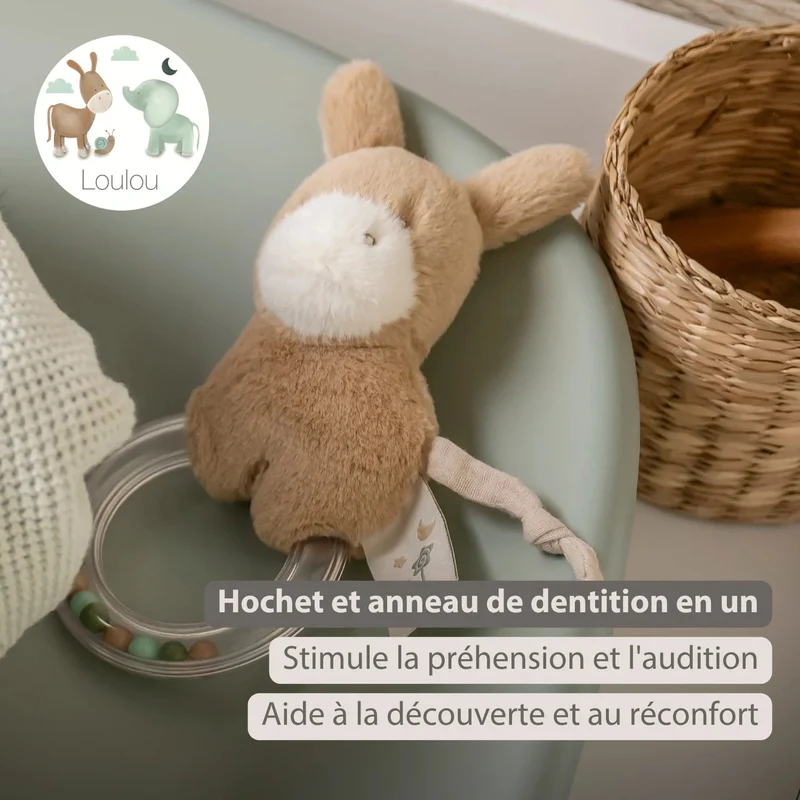 Hochet anneau LouLou Âne – 15 cm – Caramel clair nattou