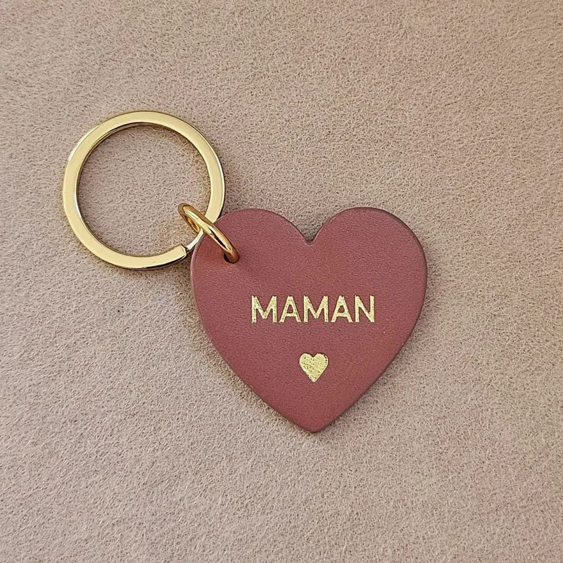 Porte clé cuir forme de coeur maman vieux rose
