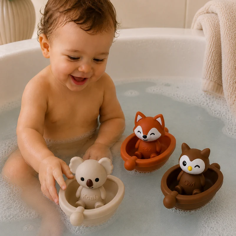 Jouets de bain bébé silicone – 3 bateaux et animaux à assembler