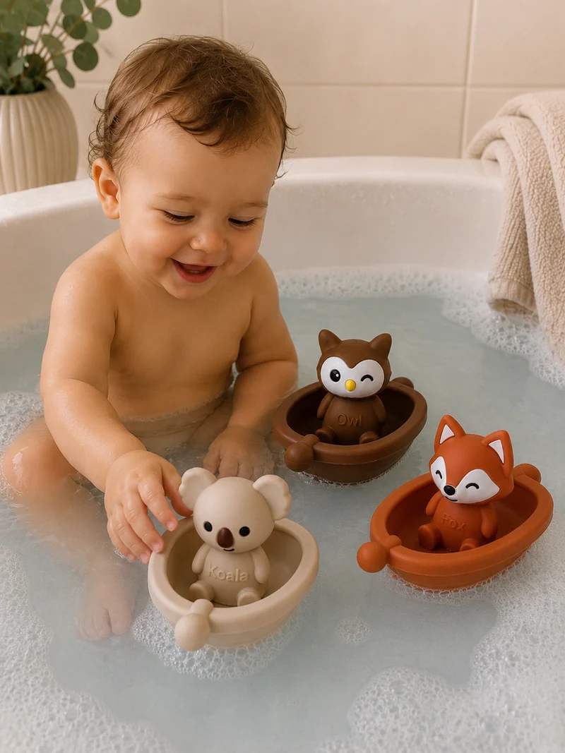 Jouets de bain bébé silicone – 3 bateaux et animaux à assembler