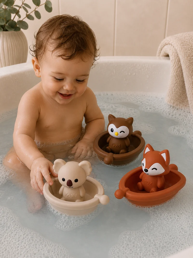 Jouets de bain bébé silicone – 3 bateaux et animaux à assembler