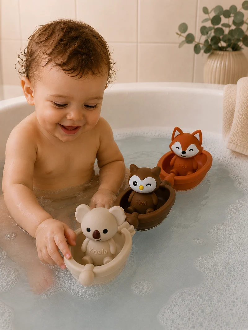 Jouets de bain bébé silicone – 3 bateaux et animaux à assembler