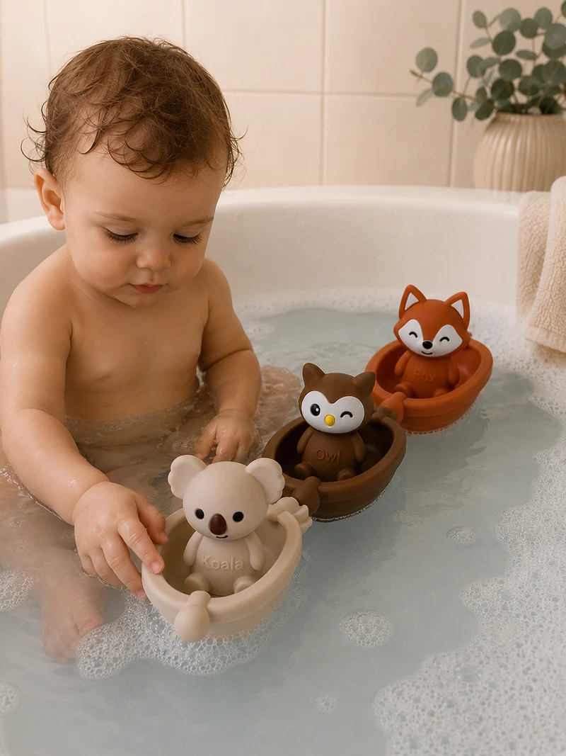 Jouets de bain bébé silicone – 3 bateaux et animaux à assembler