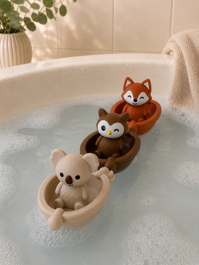 Jouets de bain bébé silicone – 3 bateaux et animaux à assembler