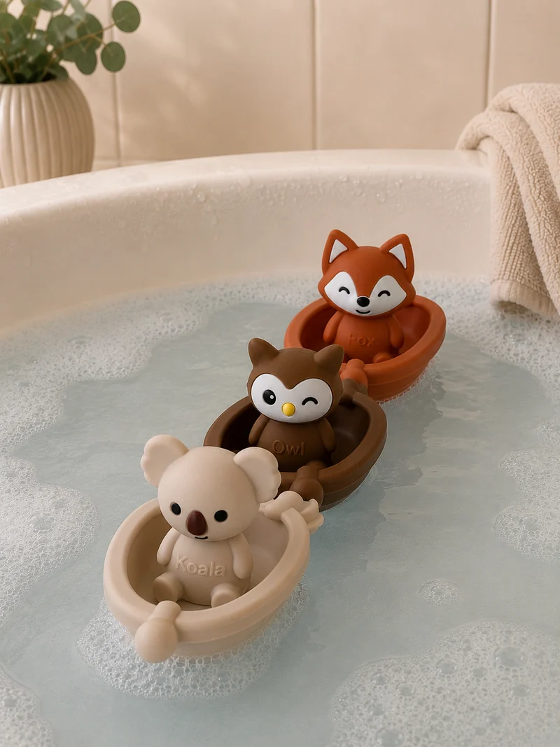 Jouets de bain bébé silicone – 3 bateaux et animaux à assembler