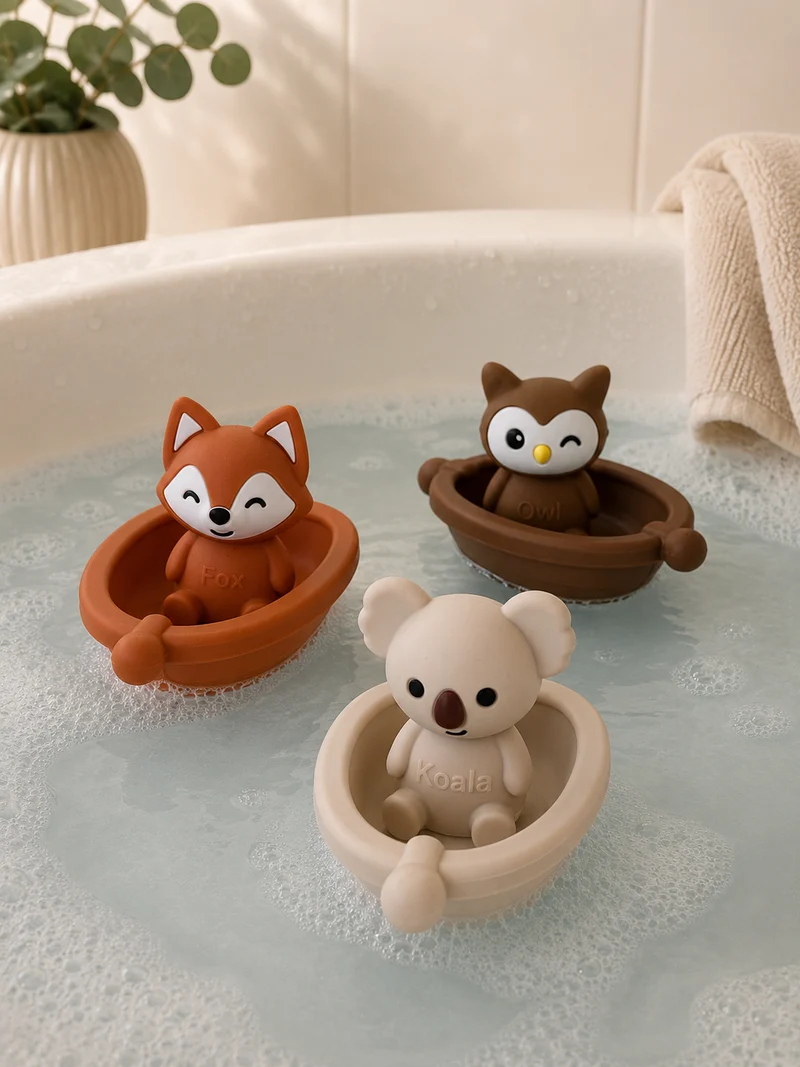 Jouets de bain bébé silicone – 3 bateaux et animaux à assembler
