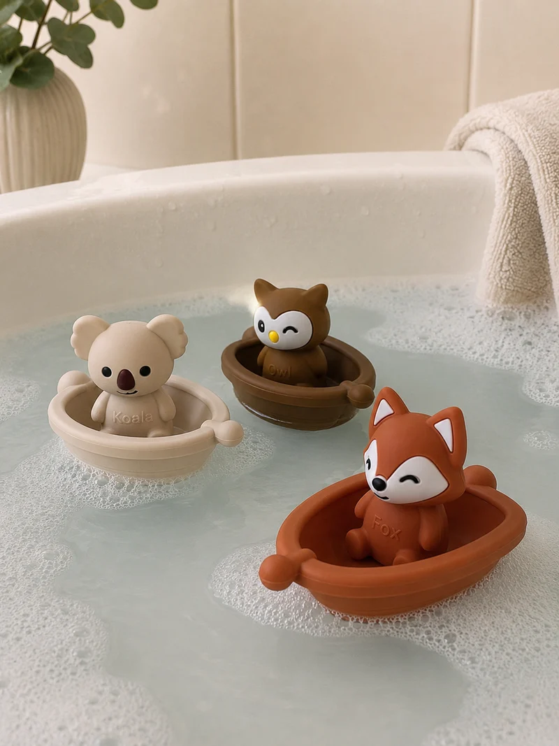 Jouets de bain bébé silicone – 3 bateaux et animaux à assembler