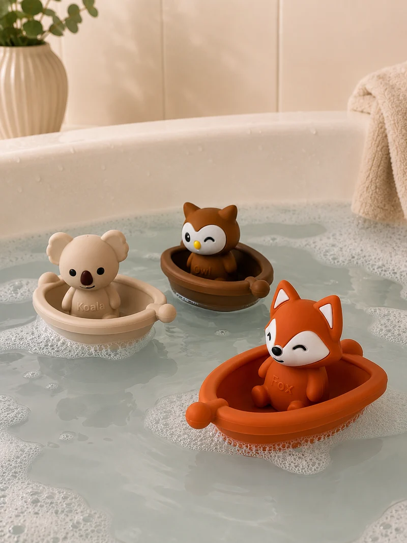 Jouets de bain bébé silicone – 3 bateaux et animaux à assembler