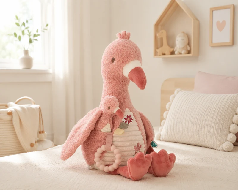 Peluche d’activités flamant rose Safari Friends – jouet sensoriel bébé
