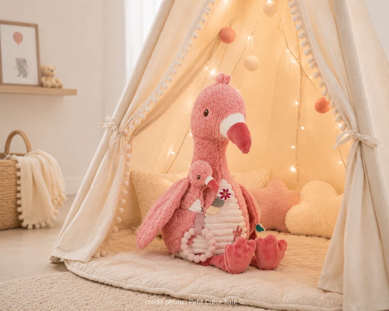 Peluche d’activités flamant rose Safari Friends – jouet sensoriel bébé