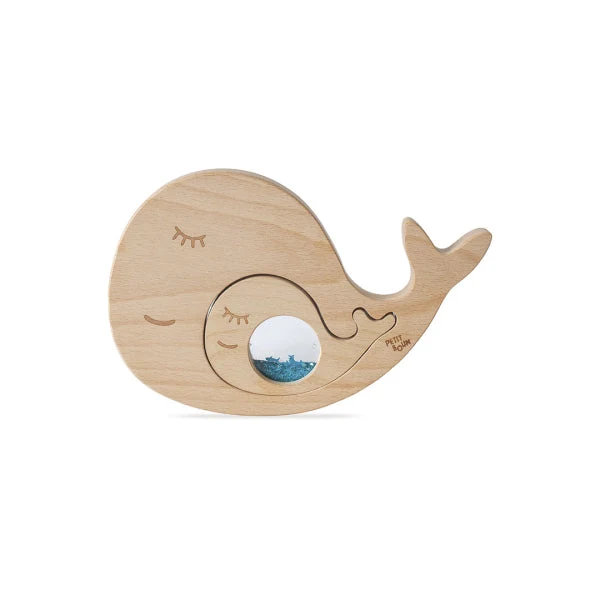 Puzzle sensoriel baleine et bébé – jouet d’éveil en bois