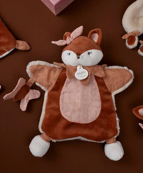 Marionnette renard rose Mina – doudou marionnette 25 cm