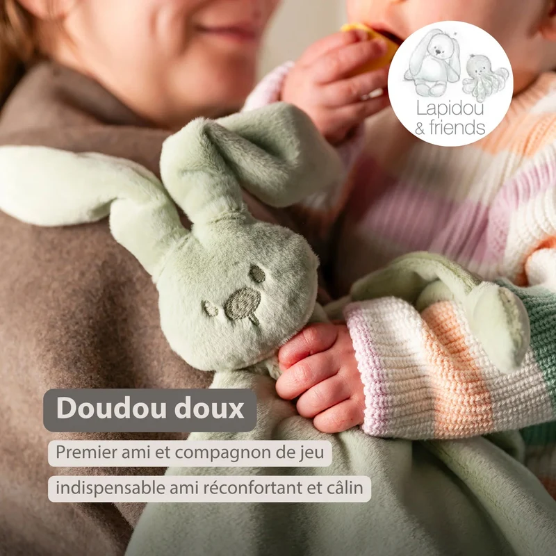 Maxi doudou bébé lapin vert tilleul – doudou naissance 65 cm
