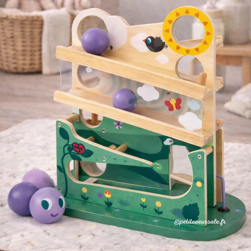 Descendeur en bois bébé 1 an – Chenille avec balles