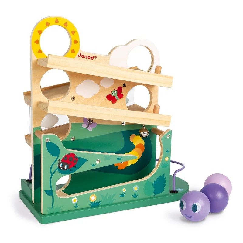 Descendeur en bois bébé 1 an – Chenille avec balles